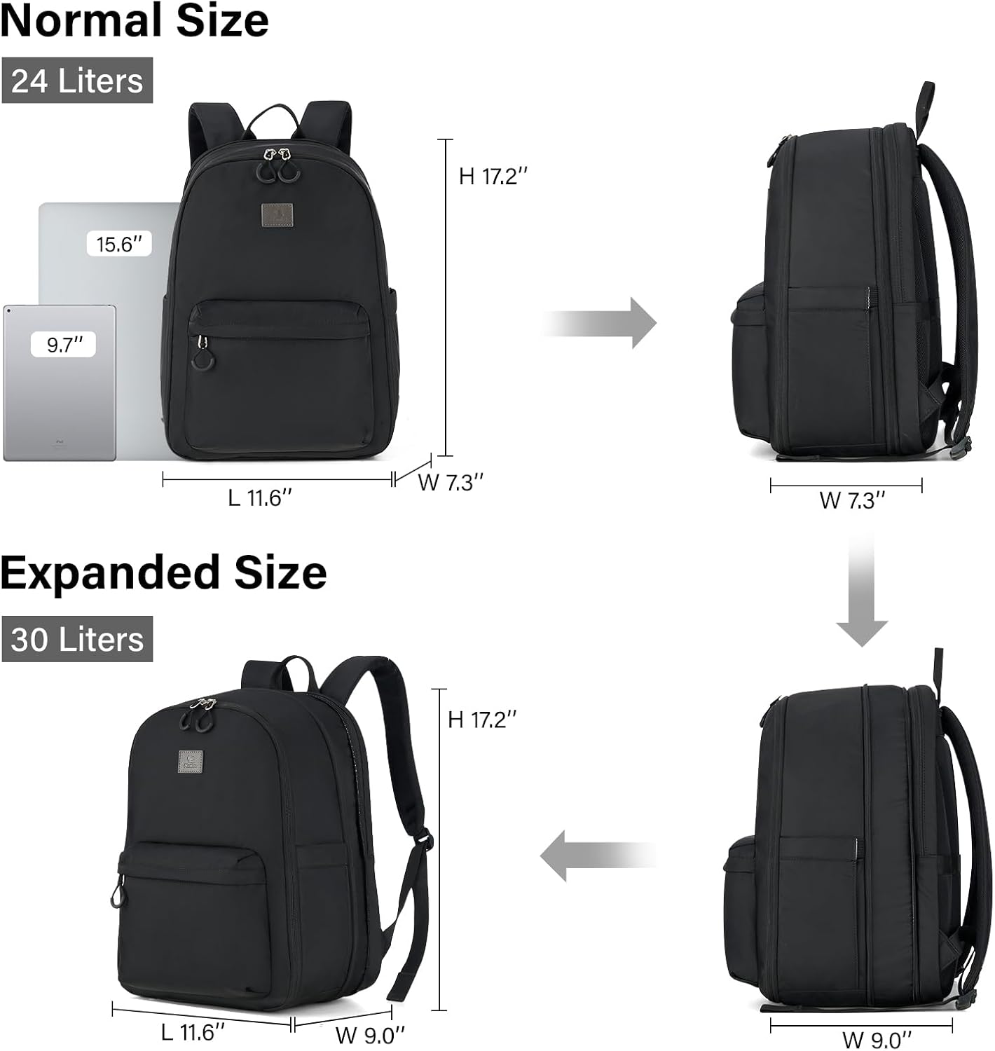 Hanke Expandable Travel Backpack for Women Men, 30L Carry On Backpack Flight Approved, Water Resistant Personal Item Travel Bag Fits 15.6 Inch, Dry & Wet Pocket Weekender Daypack, Black