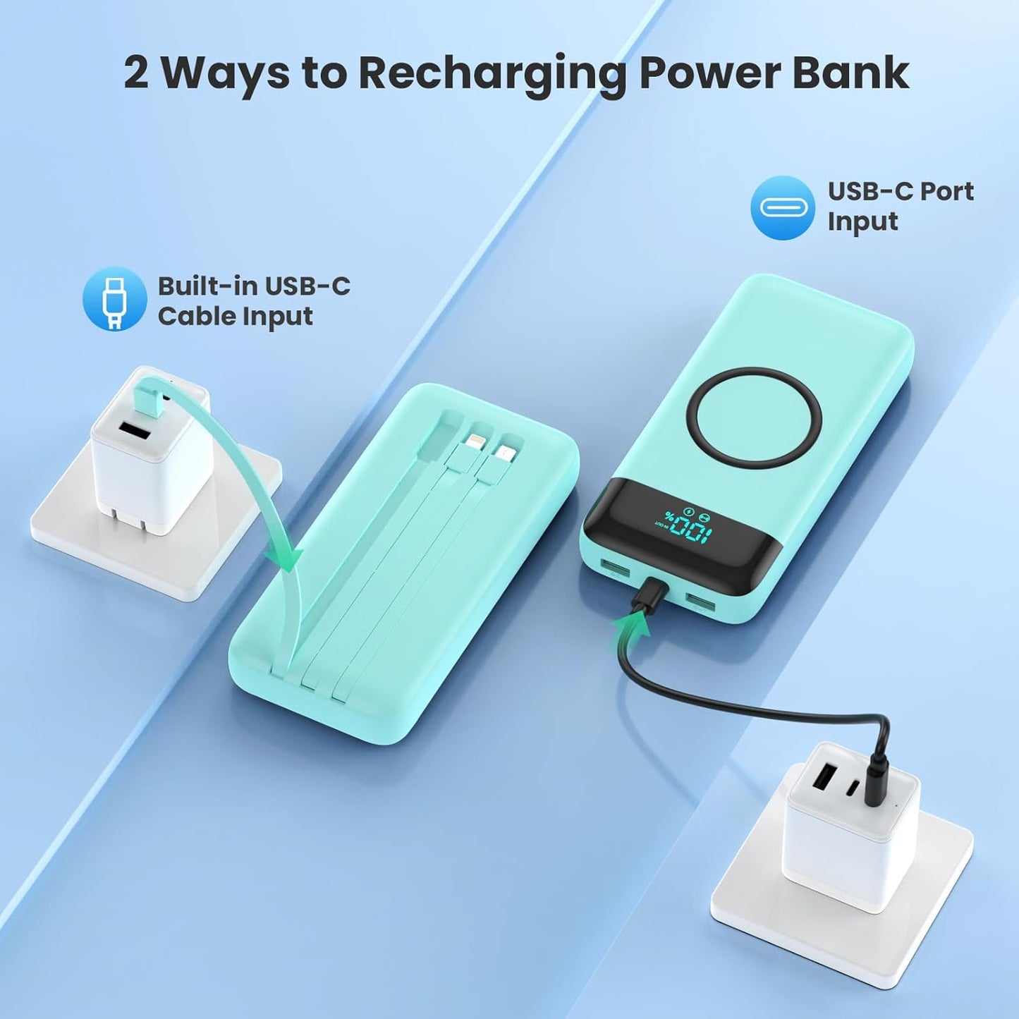 Wireless Portable Charger 40800mAh for iPhone with 3 Built-in Cables,7-in-1 15W Wireless Charging USB C Power Bank,25W PD Fast Charging Travel Essential Battery Pack for iPhone 17/16/15,Android-Green