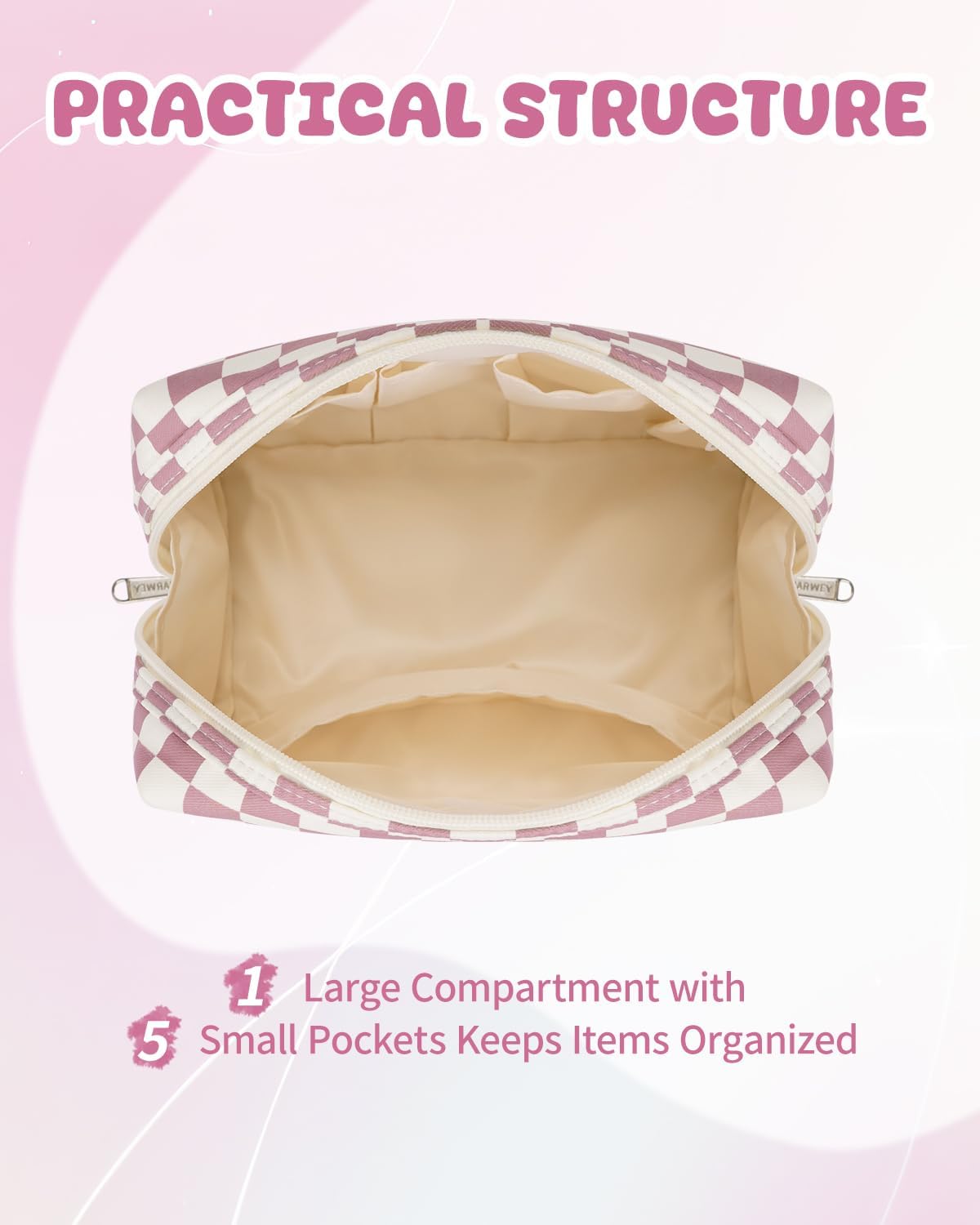 Narwey Birthday Gifts for Teen Girls Kids Women Personalized Initial Checkered Makeup Bag Pink Monogram Cosmetic Bag Trendy Stuff 6 8 10 11 12 13 14 16 18 Years Old Travel Toiletry Bag (Dusty Rose K)