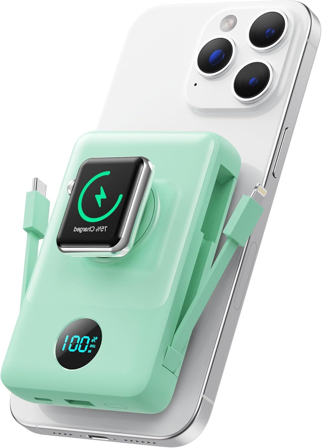 Magnetic Portable Charger for iPhone with Built-in Cables, 6-in-1 10800mAh Power Bank with iWatch Charger & LCD Display,25W Fast Charging Battery Pack for iPhone 17/16/15/14/13/12,Apple Watch (Green)