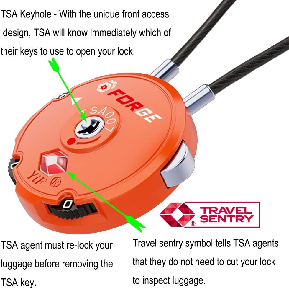 Forge Quality TSA Approved Luggage Locks for Travel Accessories, Suitcase, Pelican case, Set Your own Combination, Zinc Alloy Body-Cable Locks Orange 2 Locks