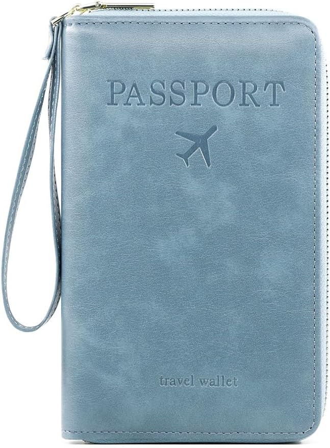 RFID Passport Wallet for Women & Men, Leather Zipper Travel Organizer with Waterproof Design (Blue)