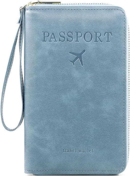 RFID Passport Wallet for Women & Men, Leather Zipper Travel Organizer with Waterproof Design (Blue)