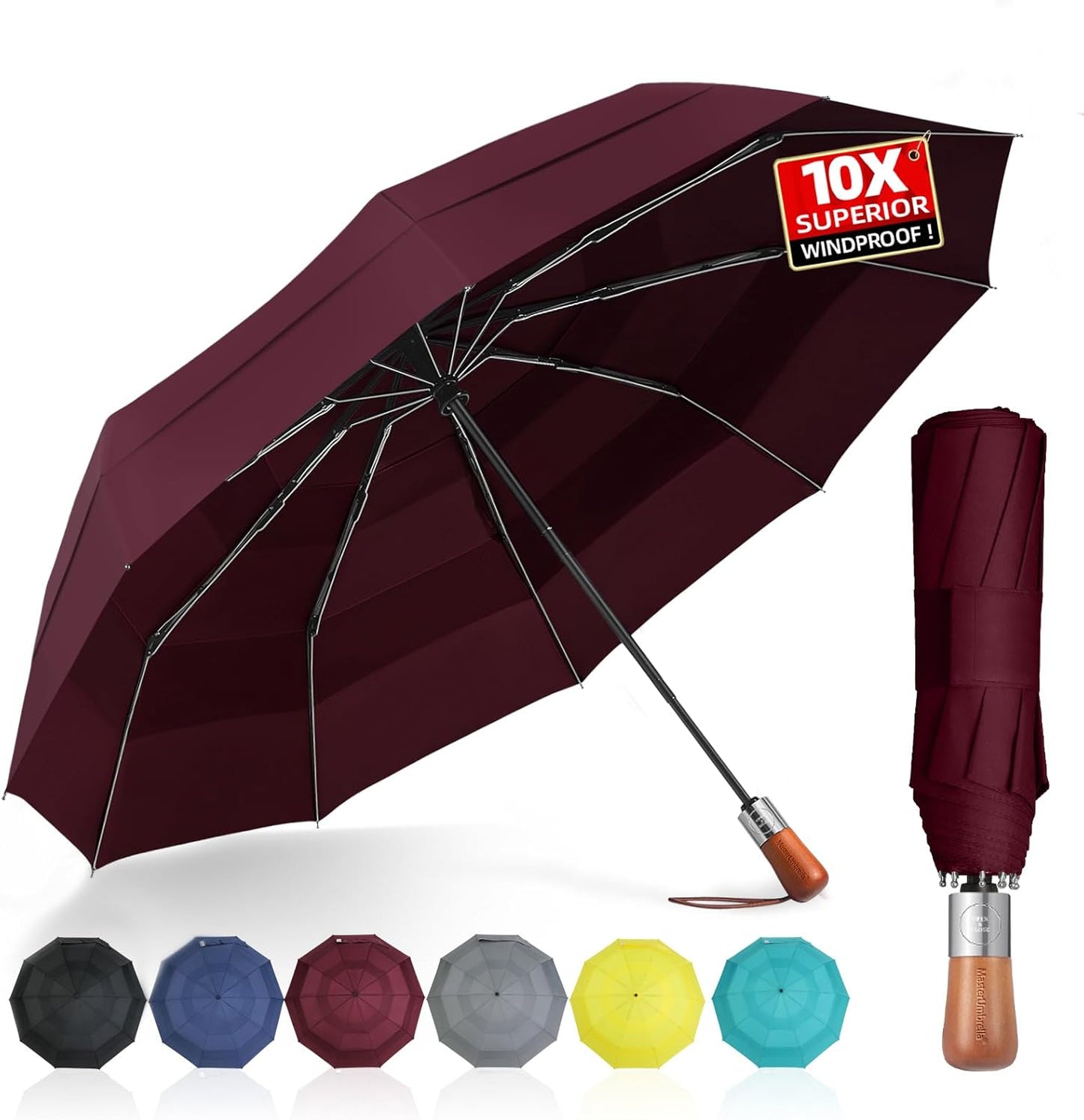 Umbrellas for Rain, Heavy-Duty Windproof Travel Umbrella — Auto Open/Close, Vented Triple-Layer Canopy, 10 Fiberglass Ribs, Folding Design, Large Coverage, Wooden Handle