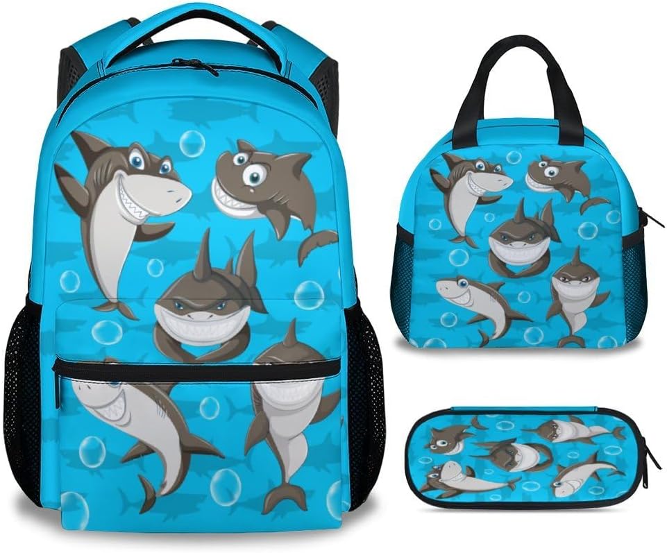 Shark Backpack with Lunch Box, Set of 3 School Backpacks Matching Combo, Funny Blue Bookbag and Pencil Case Bundle