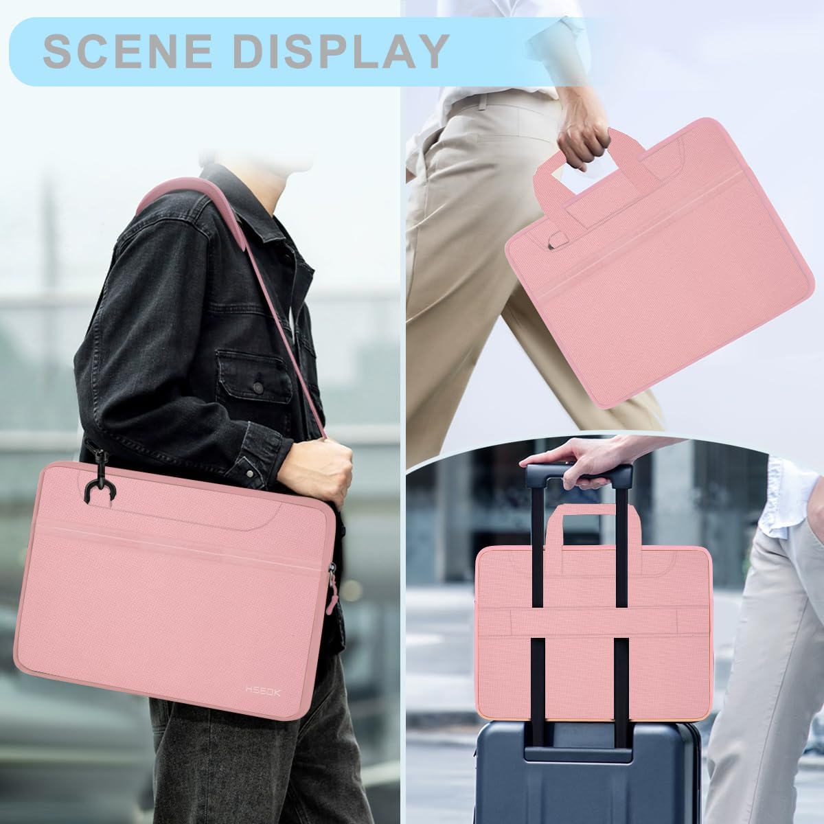 Hseok Laptop Shoulder Bag 15.6-16 inch Case, Durable Shockproof Protective Computer Carrying Briefcase with Multi-Pockets and Strap Compatible with Most 15 15.6 16 inch Notebooks,Pink