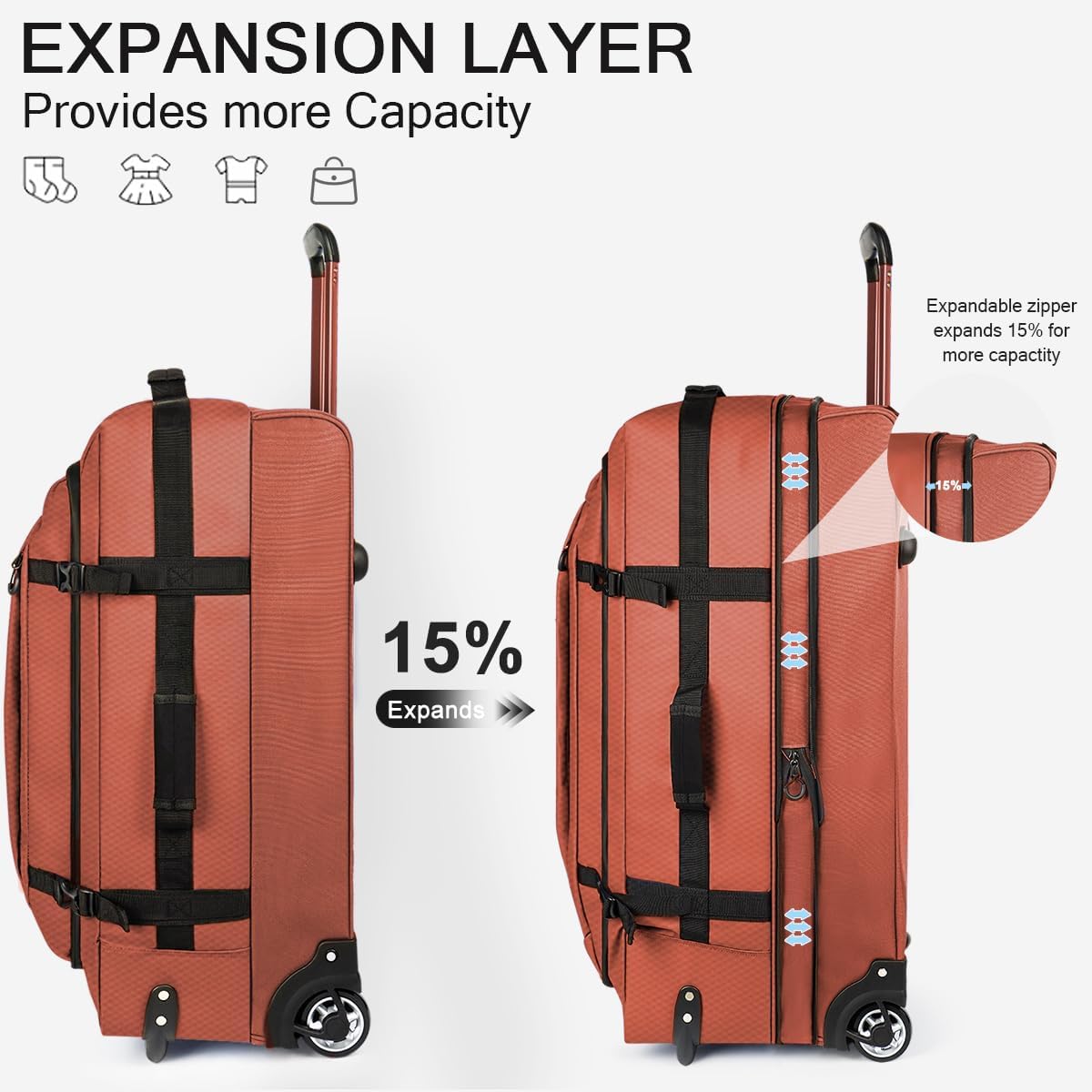 30'' Expandable Rolling Duffle Bag with Wheels,Expandable For Up to 15% More Space,Rolling Duffle Bag w/Handle,Carry on Luggage Travel Duffle Bags for Man Women#Orange