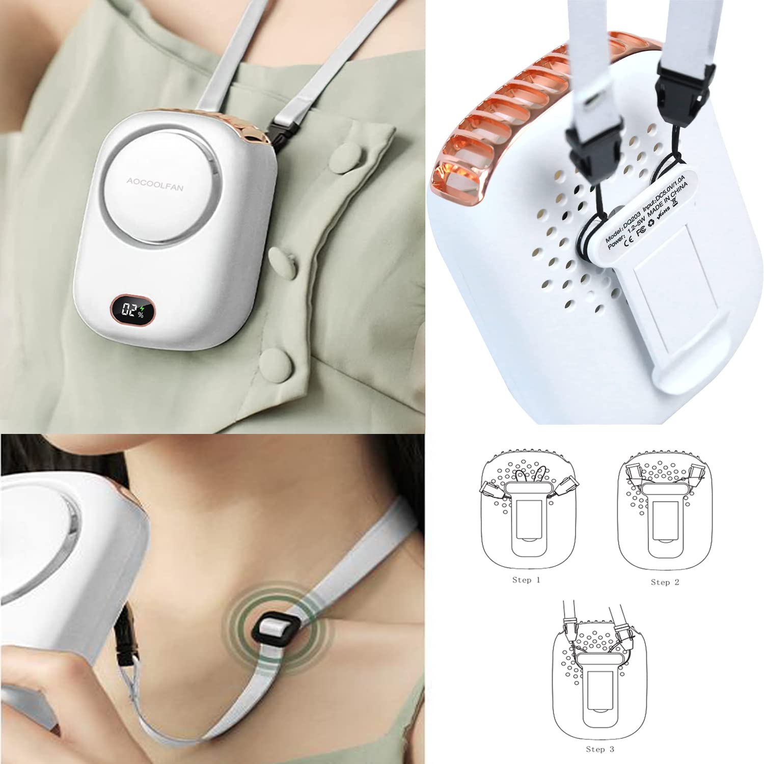 AOCOOLFAN Portable Neck Fan, Mini Small Personal Handheld Fan USB Rechargeable 3 Speed for Girls