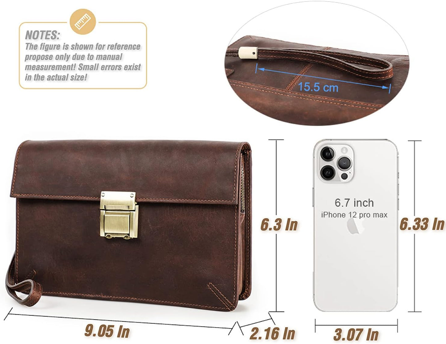 Top Grain Genuine Leather Handbag Wallet with Wristlet for Man & Woman, Handmade Vintage Design, Combination Lock & Multi Pockets/Slots, RFID Large Capacity for Card/Check/Banknote/Passport, Red Brown