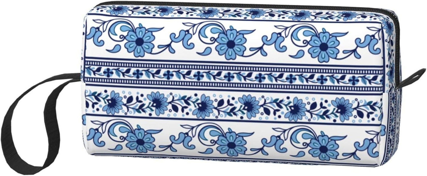 Elegant Blue & White Floral Makeup Bag Small Compact & Durable Travel Boho Cosmetic Bag Organizer Oxford Fabric Multi-Purpose Storage Perfect for Travel, Gym, Daily Use