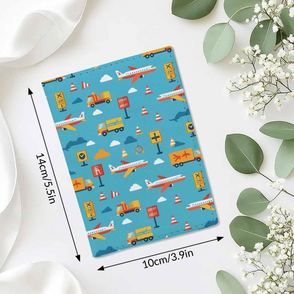 Airport Vehicles Passport Holder for Travel Airplanes Tractor Car Truck PU Leather Passport Cover Wallet Cute Passport Card Holder for Women and Men