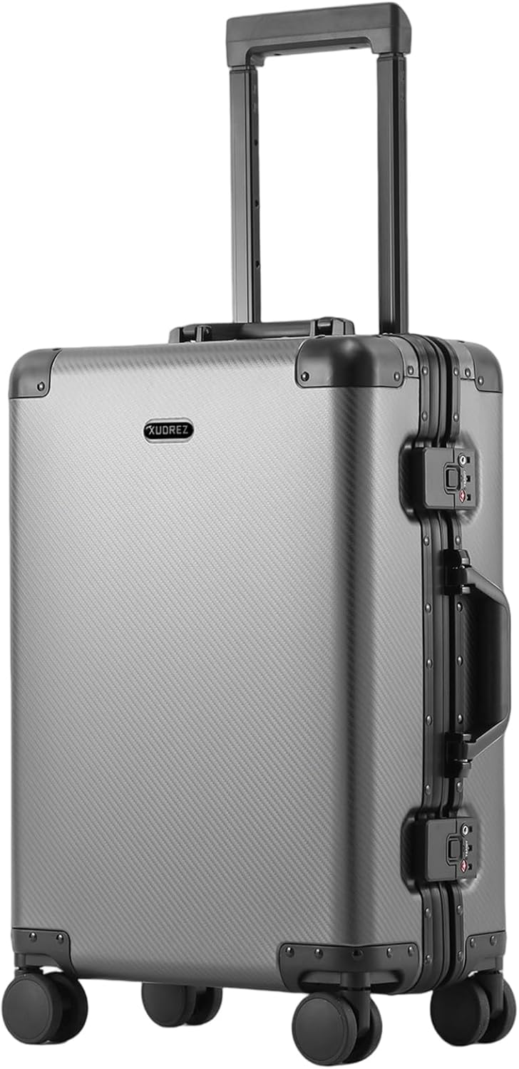 Tmore Aluminum Frame Luggage with No Need to Check in, Hardside Suitcase with Spinner Wheels, Metal Travel Luggage with Double Tsa Locks, 20 Inch, Gray Small