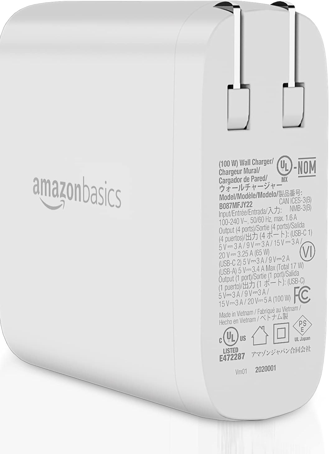 Amazon Basics 100W Four-Port GaN Wall Charger w/ 2 USB-C (100W,18W) & 2 USB-A Ports (12W) w/PD for