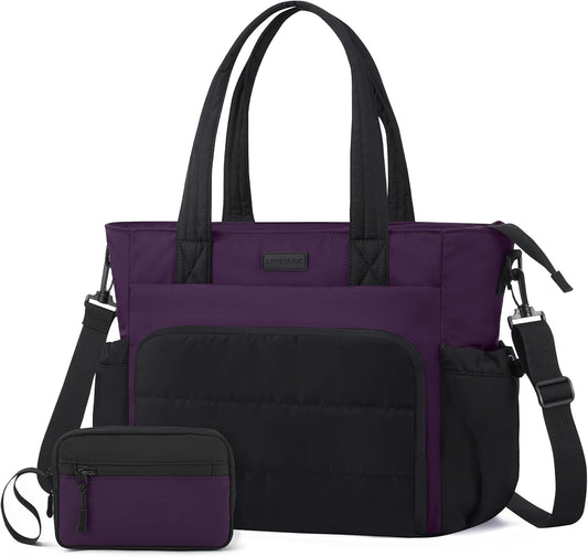 LOVEVOOK Tote Bag for Women, 15.6 Inch Puffer Laptop Work Tote with Cup Holder, Quilted Nurse Bag for Travel, Gym, Daily Use