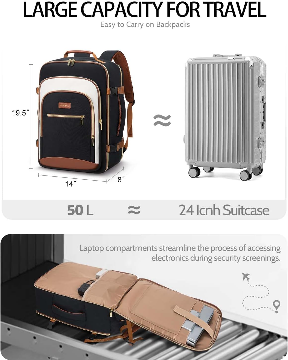 50L Travel Backpack for Women, Carry On Bag Flight Approved, Waterproof Backpack with 3 Packing Cubes, Weekender Personal Item Bags for Airplane Travel Essentials, TSA Approved