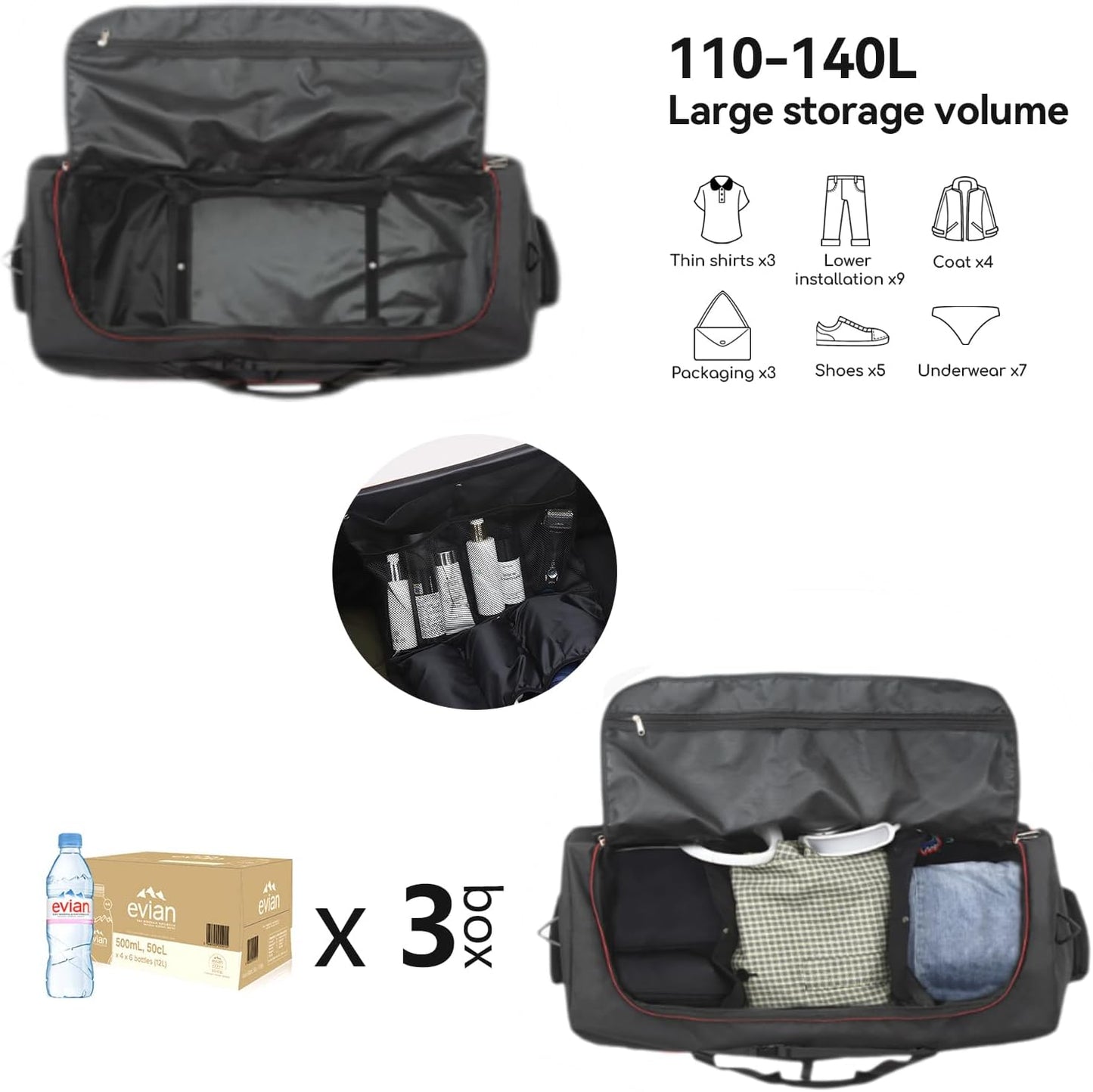 32” 1680D Oxford Foldable Duffle Bag with 2 Wheels,110L to 140L Expandable Soft Sided Rolling Travel Bag,Black-red