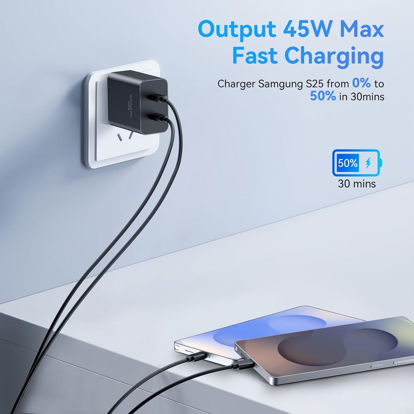 45W Samsung Super Fast Charger,2Pack Dual Port USB C Samsung Charger Fast Charging,Quick Double Type C Android Chargers Block 10FT Long USB C Cable for SamsungGalaxy S25 Ultra/S25/S24+/S23/S22/S21/S20