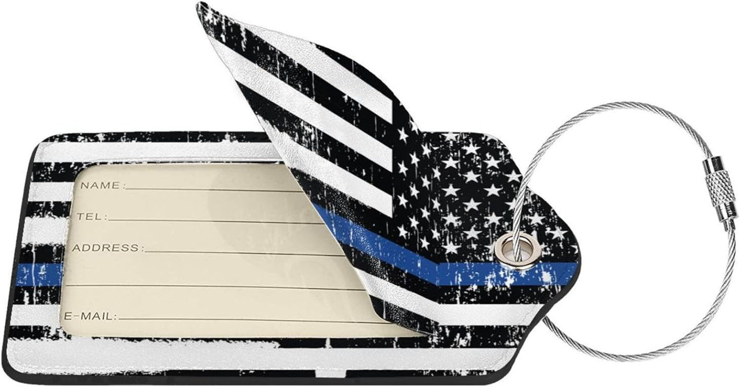 2 Pcs Thin Blue Line Flag Luggage Tags for Suitcase, American Police Support Stripes Gifts for Privacy Cover ID Label with Stainless Steel Loop