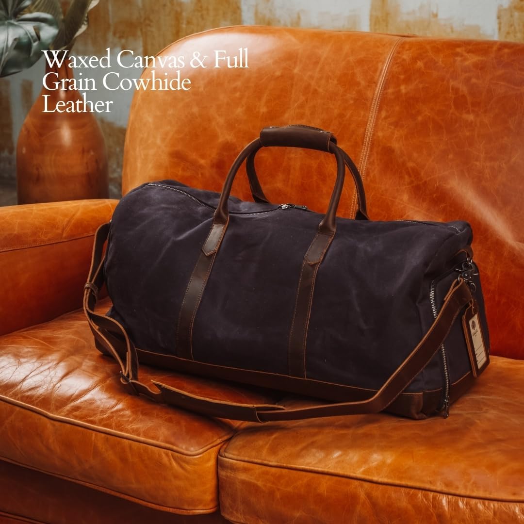 Waxed Canvas Weekender Duffle Bag, Vintage Style Travel Bag with Leather Trim, Army Green (Black)