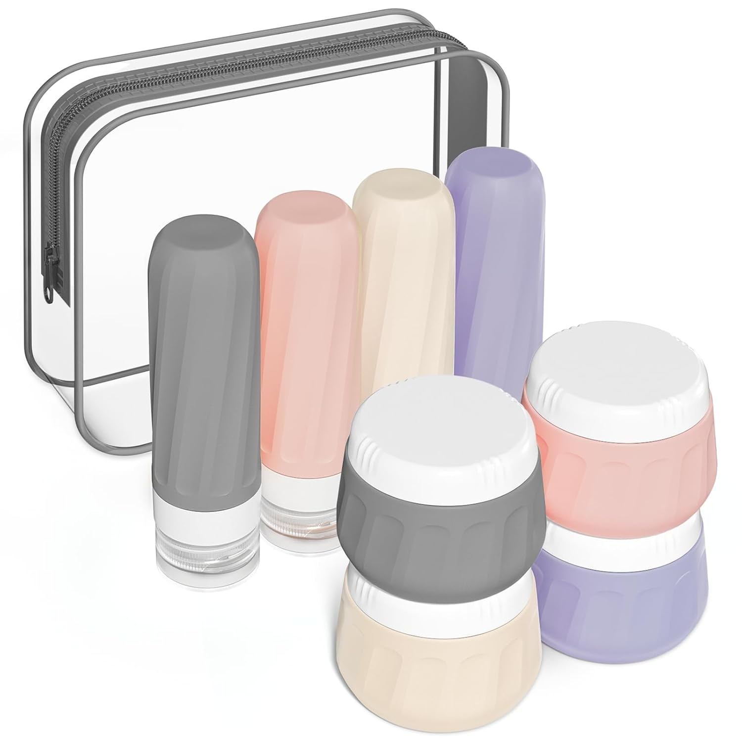 Travel Size Toiletries 8 Pack, TSA Approved 3oz Silicone Squeeze Bottles & Cream Jars with Clear