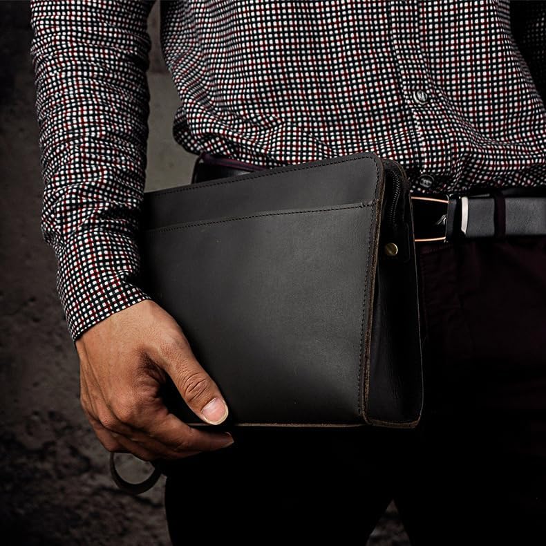 Vintage Crazy Horse Leather Business Briefcase - Under Arm Clutch Bag with Tablet Case & Organizer