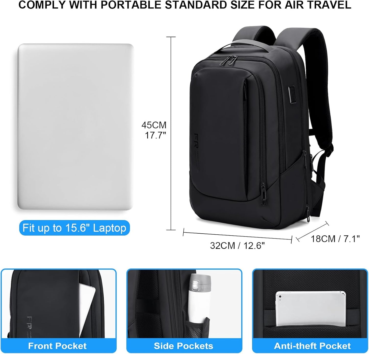 FENRUIEN Business Travel Backpack for Men, Expandable Water Resistant Computer Backpack with USB