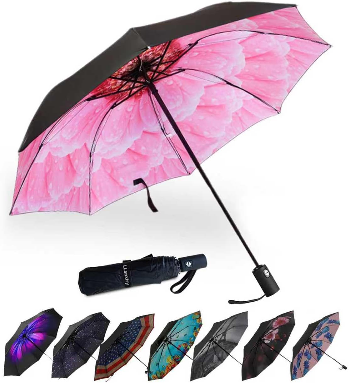 LLanxiry Compact Travel Umbrella, Mini Windproof Umbrellas for Rain & Sun, Small Lightweight Outdoor UV Umbrella, Portable Folding Umbrellas for Travel