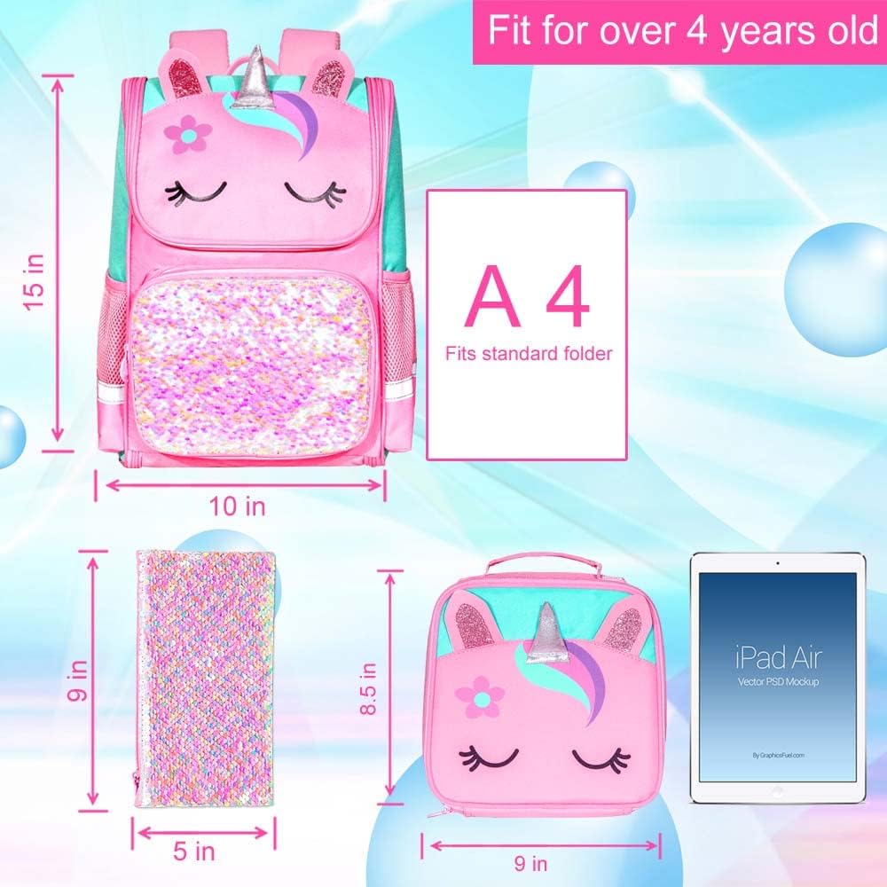 KLFVB 3PCS Backpack for Girls and Boys, 15" Unicorn Dinosaur Bookbag with Lunch Box, Kids Preschool School bag
