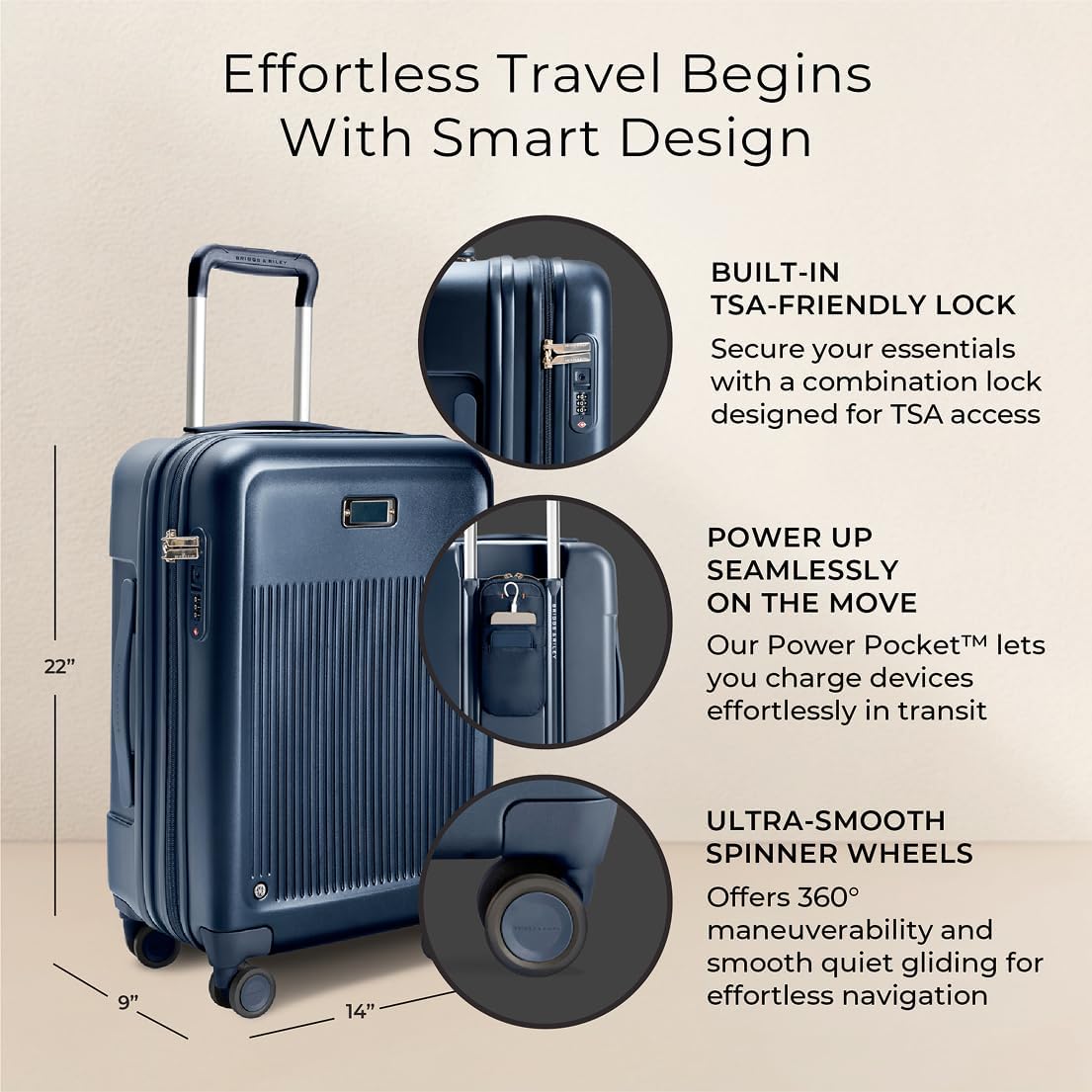Briggs & Riley Essential 22" Carry On Expandable Spinner - Luggage for Travel, Suitcases with Wheels, Hardside Rolling Bag for Men & Women, Self-Repairing Zipper - Sympatico Collection, Navy