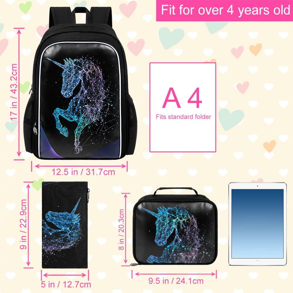 3PCS Kids Backpacks for Girls, 16" Little Kid Preschool School Bookbag and Lunch Box - Unicorn/Mermaid/Flamingo