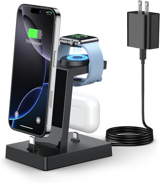 30W Fast 3 in 1 Charging Station for Apple Devices - ADADPU USB C Charger Stand for iPhone 17 16 15 Pro Max Plus & AirPods 4,Wireless Charger Dock Compatible with Apple Watch Ultra/10/9/8/7/6/5/4/3/SE