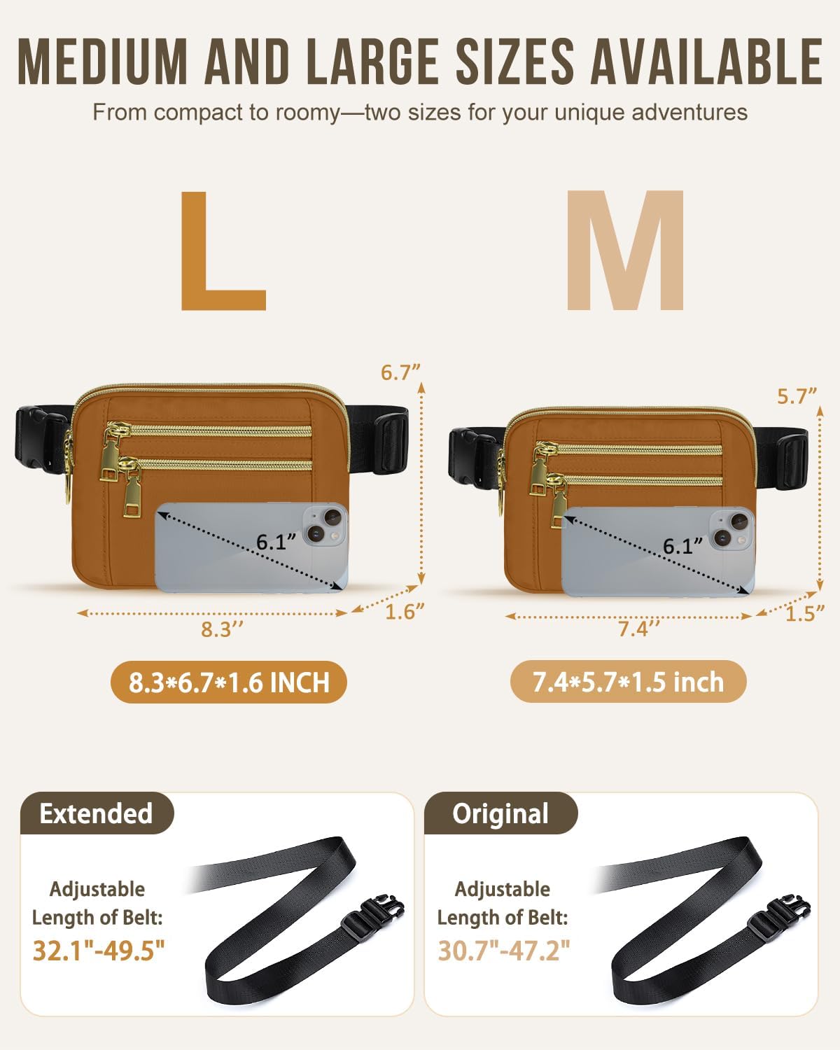 Capolo Fanny Packs for Women Fashion Waist Packs Bag with Adjustable Strap and 4 Zipper Pockets Waterproof Everywhere Crossbody Belt Bag for Workout Running Travelling(Brown, Large)