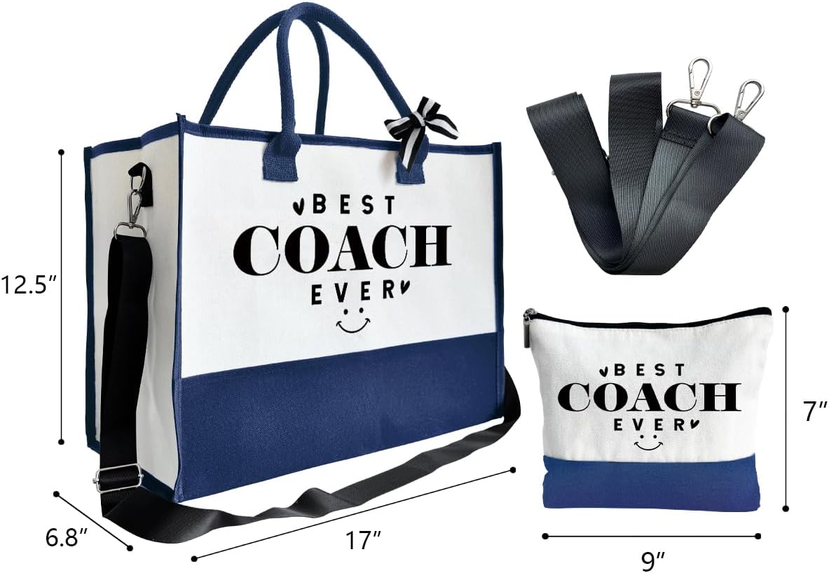 SUSZDOU Gifts for Best Coach Ever - Canvas Beach Tote Bag with Matching Makeup Pouch, Durable Travel Gym Camping Bag, Thank You Gift for Sports Coach, Female Trainers Gifts for Women C1