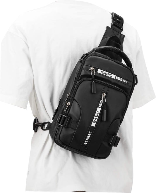 Large Black Sling Bag for Men Women, Mini Anti Theft One Strap Motorcycle Sling Backpack, Small Sling Chest Bag Daypack Crossbody Backpack with Usb Port for Casual Travel Hiking Gym Outdoor Sports