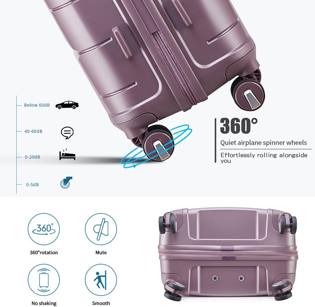 Somago Luggage Sets 3 Piece Hard Shell Polypropylene Suitcase with TSA Lock Spinner Carry On Luggage with Beauty Case Travel Set,Elegant Purple