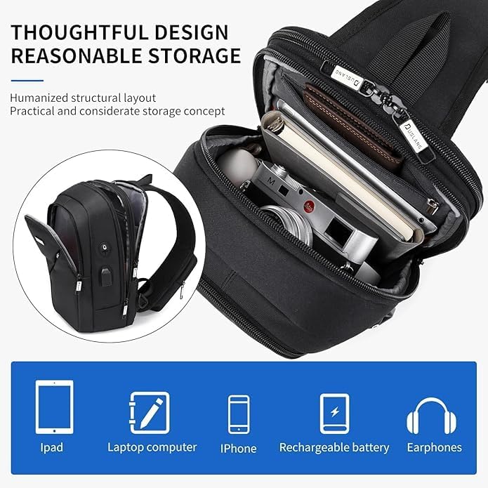 DUSLANG Crossbody Men Sling Backpacks with TSA Lock, Casual Shoulder Backpack Daypack Chest Bags with USB Charger Port For Camping Biking Travel Cycling