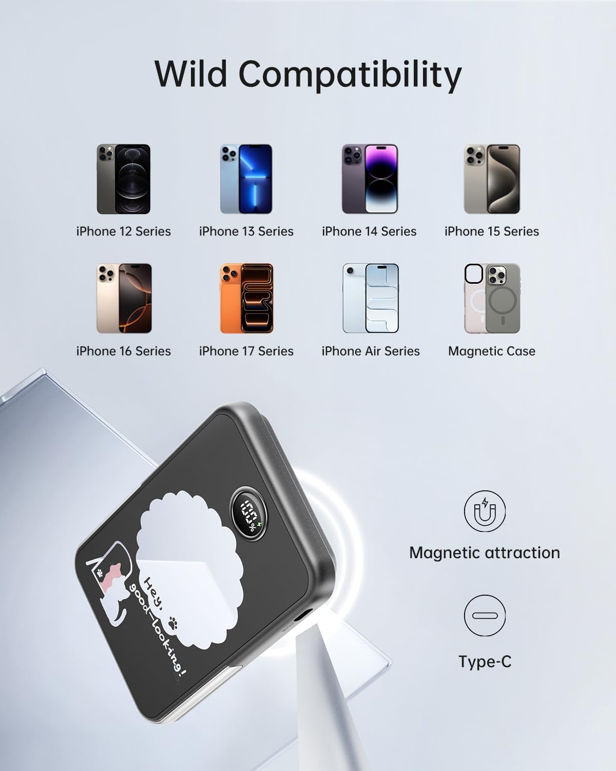 iWALK Magnetic Portable Charger 5,000mAh, Wireless Power Bank with Mirror & Foldable Stand, Ultra Slim Battery Pack with USB-C Cable, MagSafe Compatible for iPhone 17/16/16 Plus/16 Pro/15/14/13/12