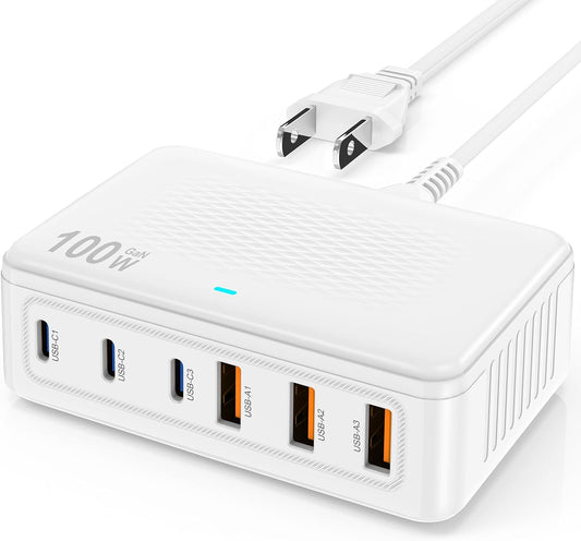 USB C Fast Charger Block, 100W GaN 6 Port Type C Charging Station Hub,Wall Charger Power Strip Adapter Plug Cube Brick Box for Apple iPhone 17 16 15 14 13 12 Pro Max/iPad/Pixel/Samsung Galaxy S25 S24