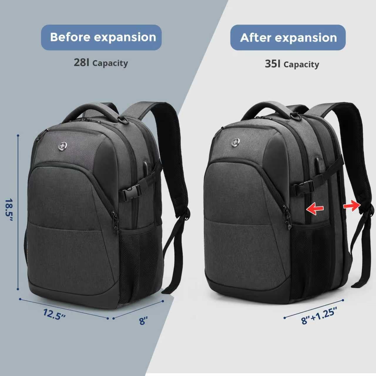 Swissdigital Design Travel Laptop Backpack for Men and Women, 35L Expandable Large College Backpack with USB Charging Port for Fits 17 Inch Notebook, Grey | ANDWIL PRO