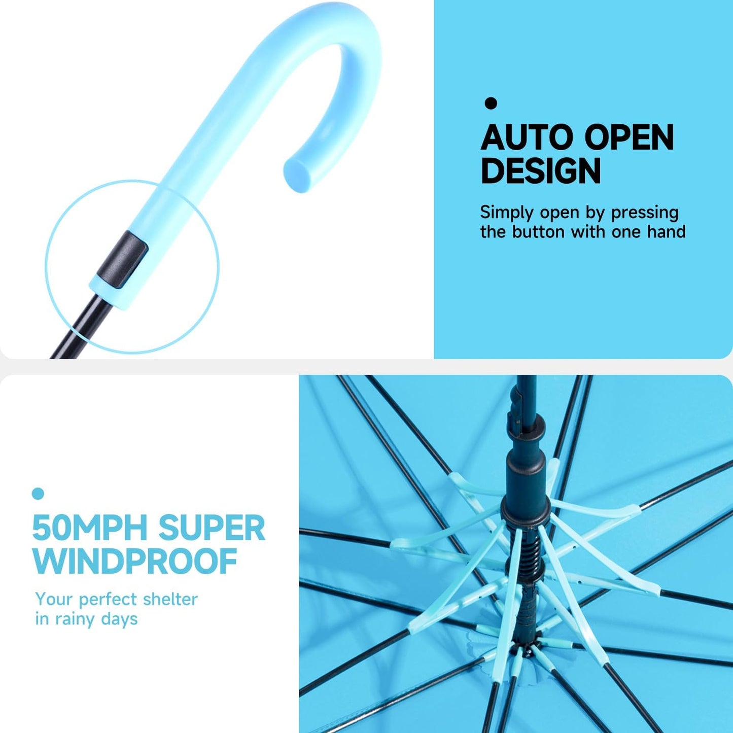 RUMBRELLA UV Stick Umbrella Auto Open UPF 50+ with J Hook Handle 51IN