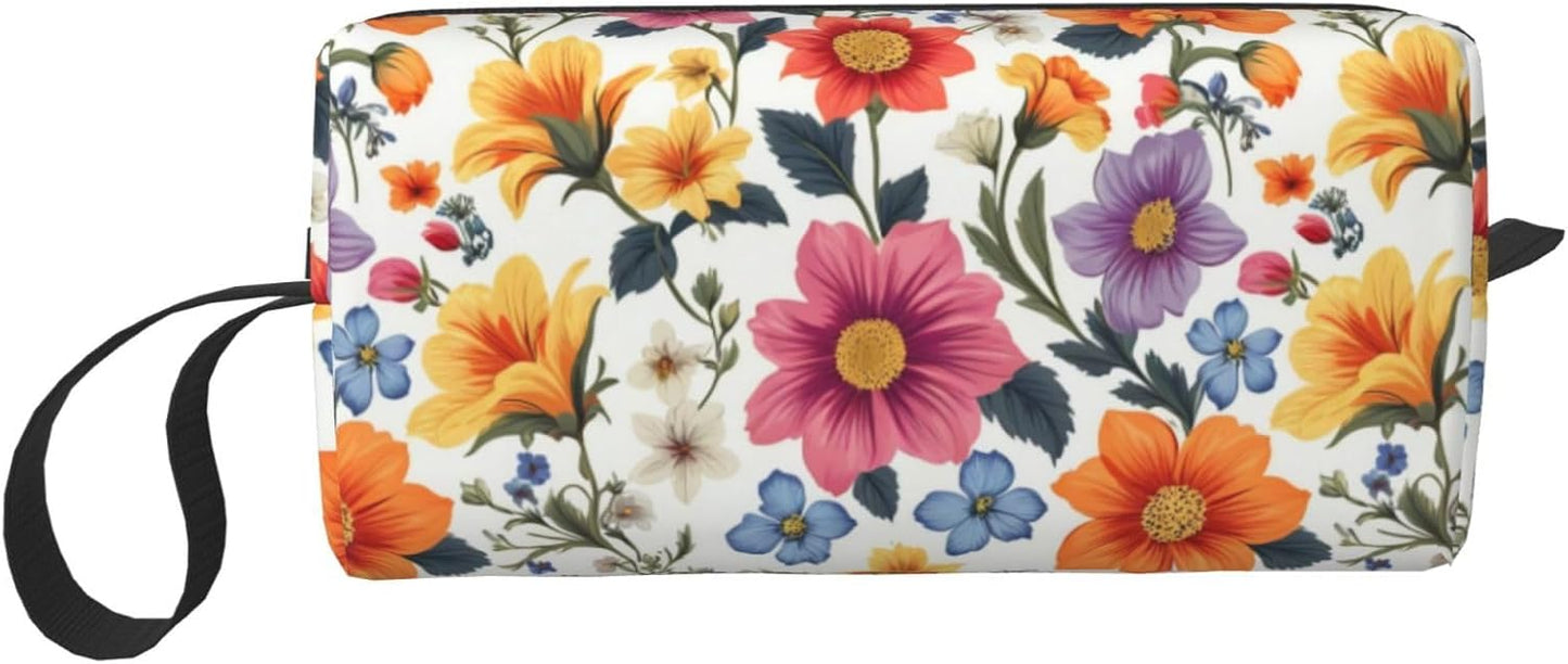 Vibrant Wildflower Makeup Bag Small Compact & Durable Travel Cosmetic Bag Organizer Oxford Fabric Impact-Resistant Multi-Purpose Storage Perfect for Travel, Gym, Daily Use