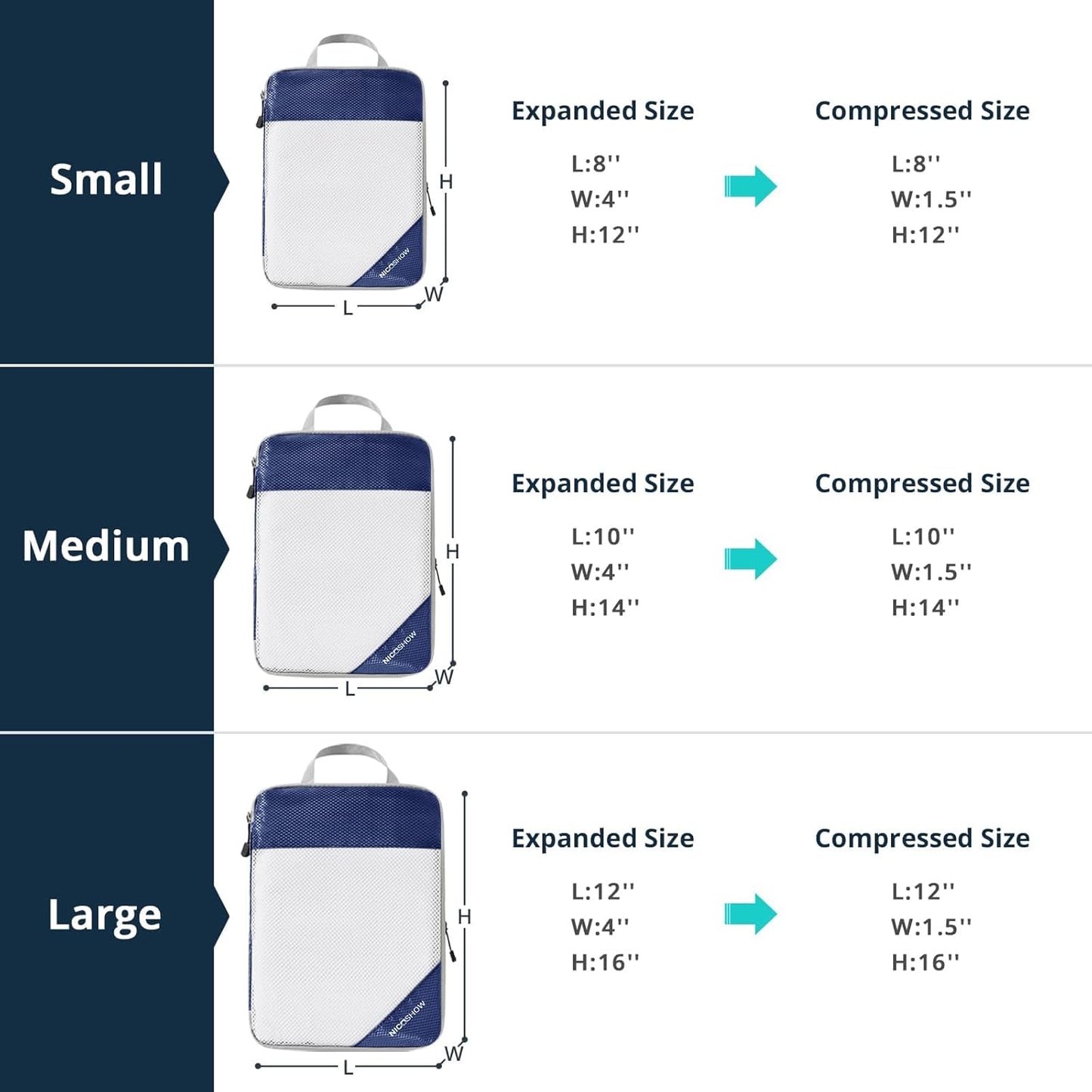 6 Set Compression Packing Cubes for Travel - Compressible, Lightweight, and Space-Saving Packing Cubes, Travel Essentials for Women, Navy