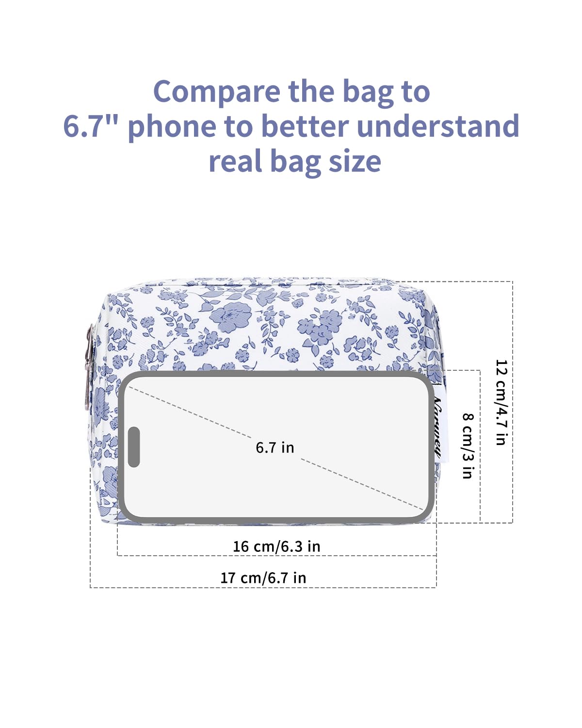 Narwey Small Cute Floral Makeup Bag for Purse Mini Cosmetic Bag Travel Makeup Pouch Zipper Pouch Cute Make up Bags with Compartments for Women Girls (Little Grayish Blue Flower, Small)