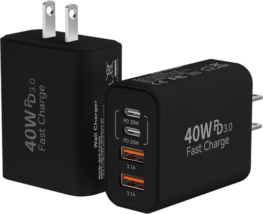USB C Wall Fast Charger Block, 40W 4-Port Type C Chargers Fast Charging Blocks PD Power Charger Adapter+QC 3.0 USB Multiport Charger Brick for Phone 17/16/15/14/13/12 Pro Max, i-Pad, Galaxy S25-2Pack