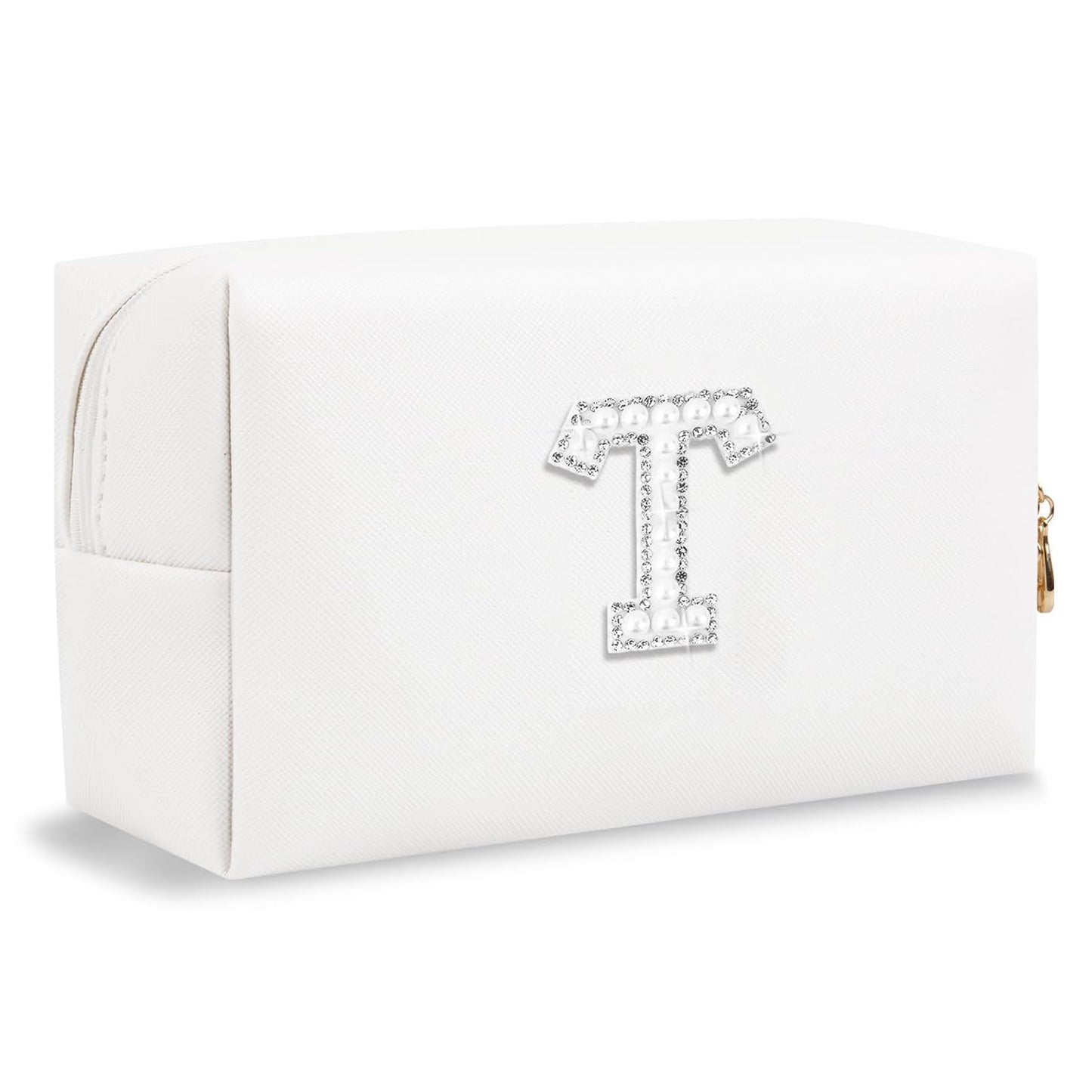 Bride Gifts – Personalized Initial Makeup Bag with Pearl Rhinestone Patch, Preppy White Monogram Cosmetic/Toiletry Pouch, bridesmaid Gifts, Bridal Shower Gifts, Wedding Gifts, Bridal Gifts,T