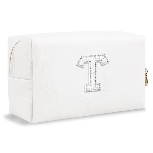 Bride Gifts – Personalized Initial Makeup Bag with Pearl Rhinestone Patch, Preppy White Monogram Cosmetic/Toiletry Pouch, bridesmaid Gifts, Bridal Shower Gifts, Wedding Gifts, Bridal Gifts,T