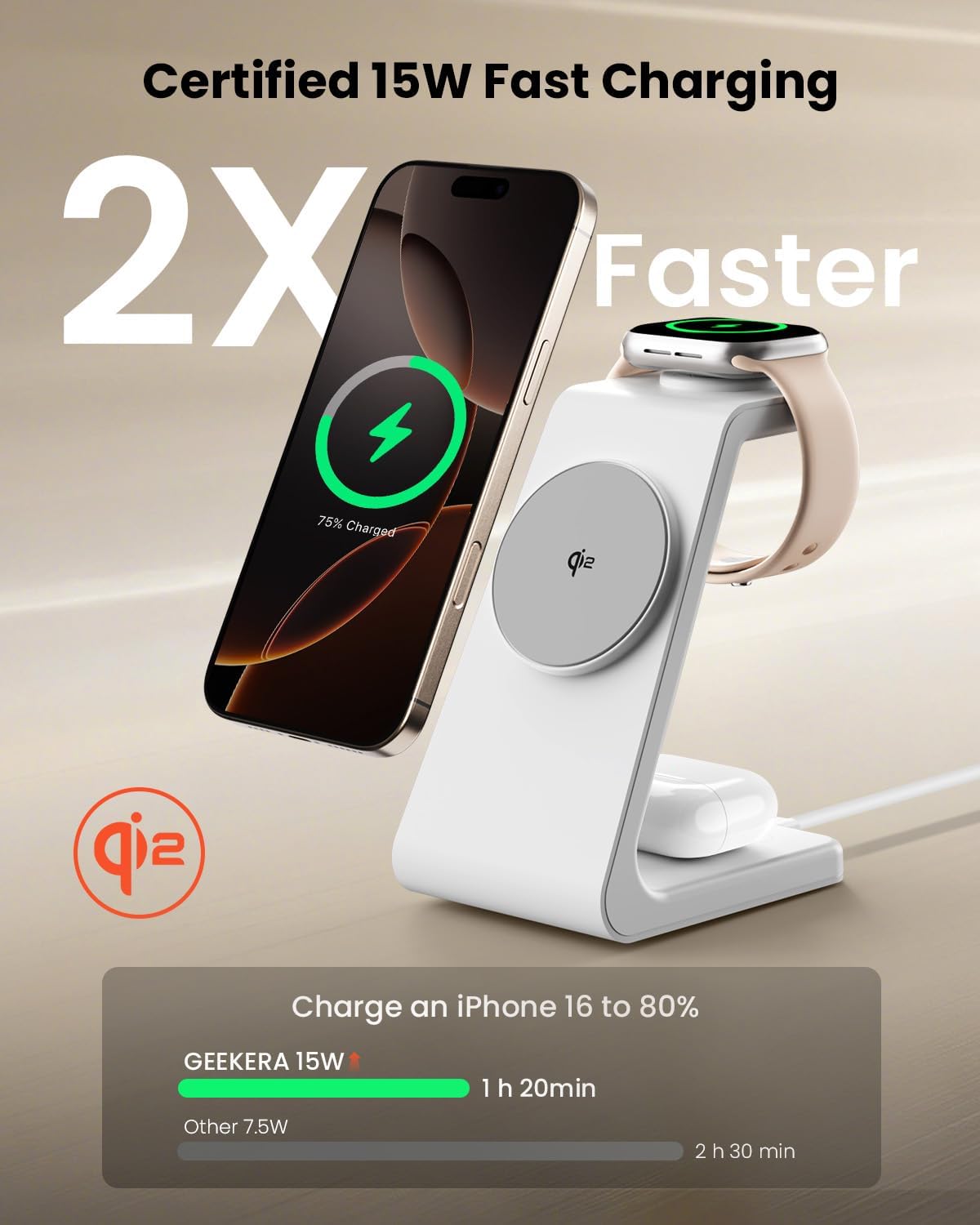 Magsafe Wireless Charging Station for iPhone: 3 in 1 15W Magnetic Portable Desktop Charging Station Qi2 Certified Charger Stand for iPhone17/16/15/14/13/12 Series, Apple Watch, AirPods 4/3/Pro