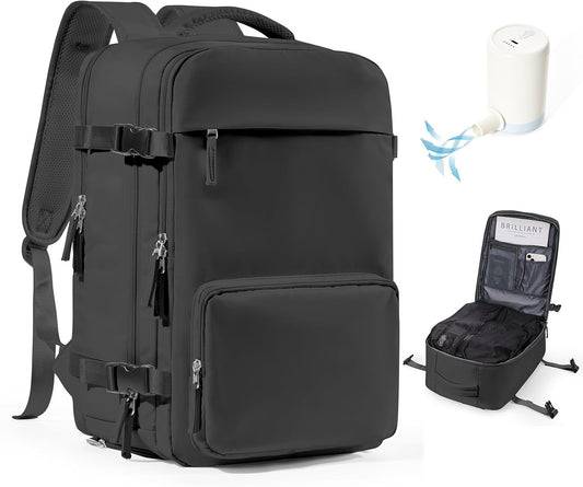 Vacuum Backpack Travel, Vacpack Backpack with Vacuum 18×14×8 Personal Item Travel Bag, Mochila Compression al vacio, Carry on Flight Approved Laptop Bag Black(With Air Pump)
