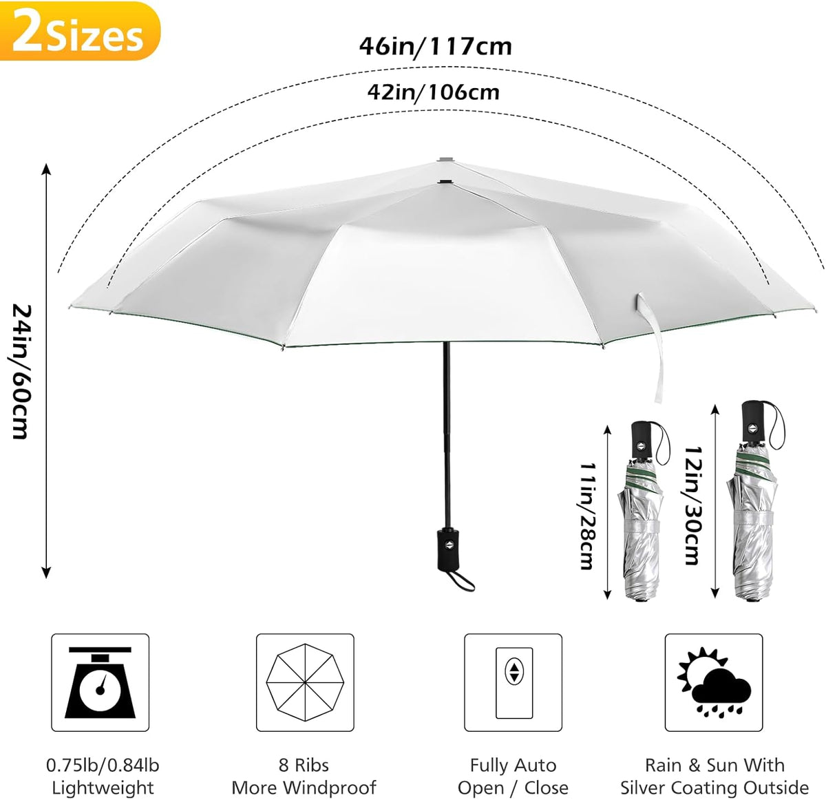 42/46/50inch Compact Umbrella Travel Size Umbrellas for Rain Waterproof And Wind Resistant Auto