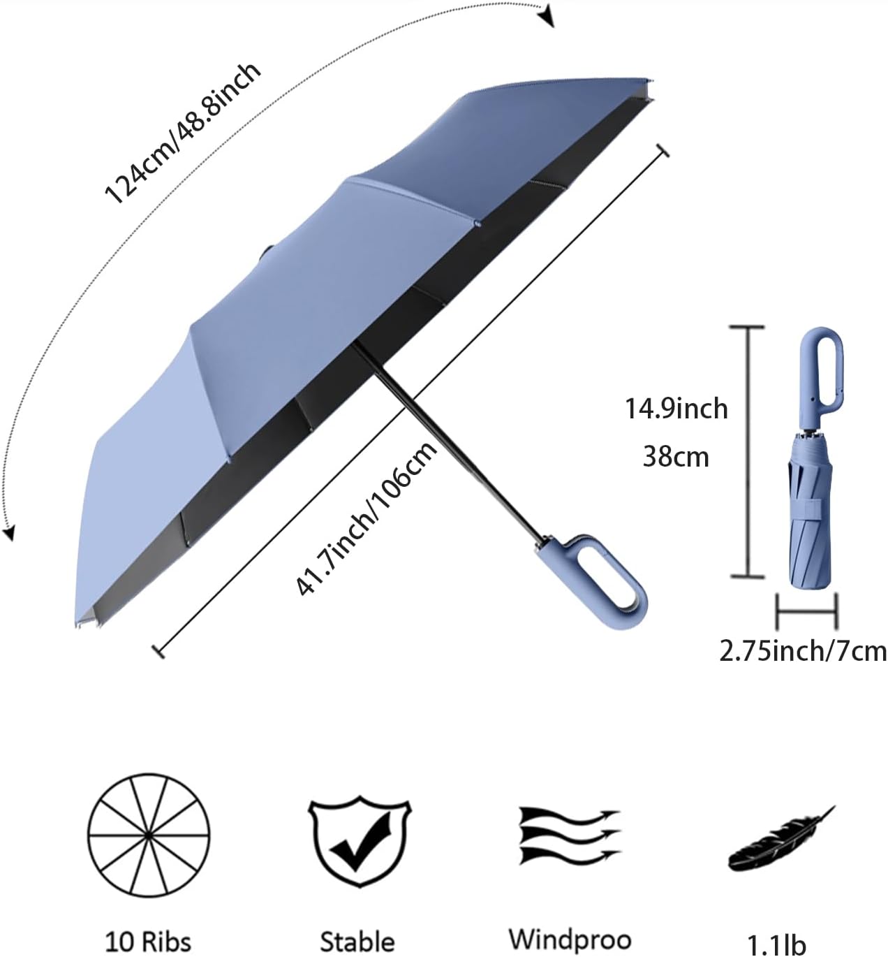 Travel Folding Golf Umbrella 10 Ribs Automatic Open/Close,Lightweight Compact Portable Backpack Car Parasol Outdoor,Sun/Rain,Anti 99 UV Protection UPF 50,Men Women Carabiner Handle Design